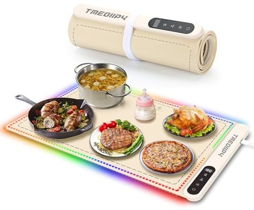 Warmhalteplatte Elektrisch, Tragbare Speisenwärmer mit 3 Arten Von LED Leuchten, Faltbare Silikon Wärmeplatte Essen mit 6 Timern, 6 Temperatureinstellungen, Wärmeplatten für Warm Halten oder Auftauen