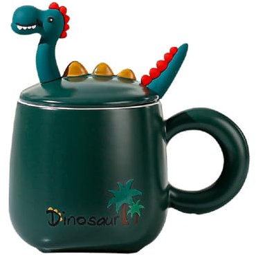 Huiyiwert Lustige 3D Dinosaurier Kaffeetasse Süße Teetasse mit Deckel und Löffel 380ml Milchbecher Porzellanbecher Geschenk für Kinder Frauen Mädchen Freunde Weihnachten Geburtstag (Schwarz)