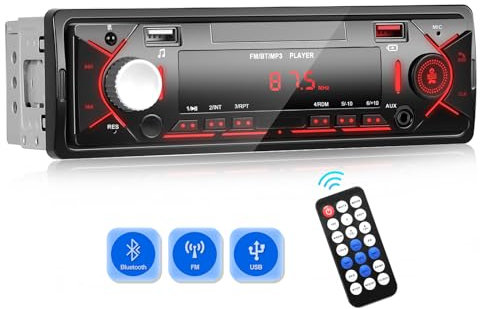 Radio de Coche Bluetooth5.0,CAMECHO 1 DIN Radio Stereo con MP3 Player/FM/USB Charging/AUX,Support for iOS/Android(No CD)