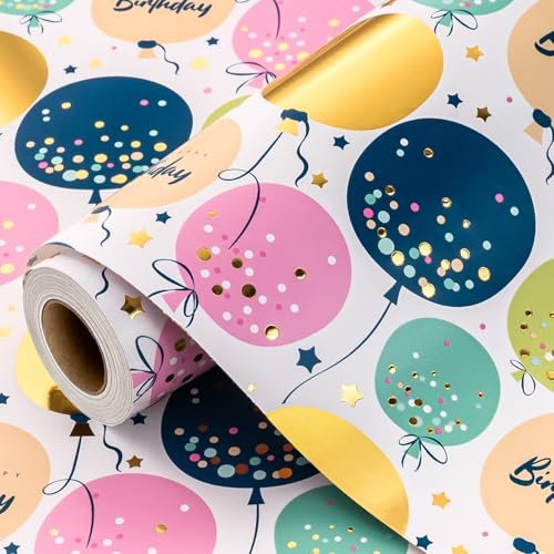 Wikadlik Rouleau de papier cadeau d'anniversaire – Joli ballon doré brillant papier cadeau pour douche, fête, célébration – 43 cm x 10 m
