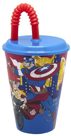 Stor Kinderbecher mit Deckel und Strohhalm Avengers 430ml - Wiederverwendbarer Kunststoffbecher für Kinder - Auslaufsicher