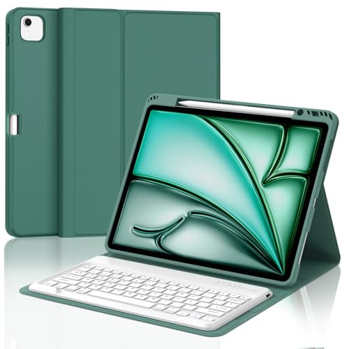 WAVATA Funda con Teclado para iPad Air 13'' M3 2025/ M2 2024, Español Ñ Tecla para Air 13'', Teclado Bluetooth Desmontable para iPad Pro 12.9 (3rd/4th/5th/6th Gen), Verde Oscuro