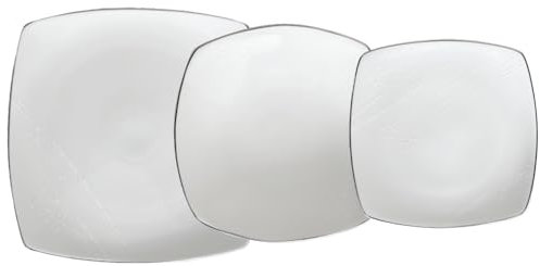 Omniacasa Livy Platinum Set de vaisselle en porcelaine carrée pour 12 personnes avec 40 pièces : bord platine, décoration de relief, haute qualité, lavable au lave-vaisselle et au micro-ondes