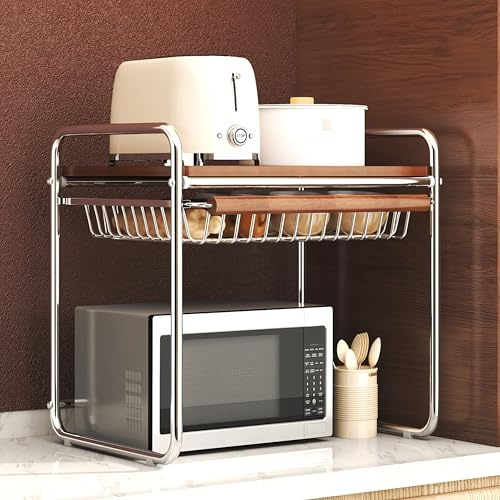 Homullel 2-Tier Microwave Oven Shelf Stand, Vintage Kitchen Counter Organiser Rack, with Storage Drawer, Chrome Frame