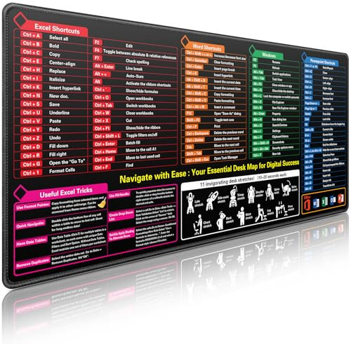 Excel Cheat Sheet Desk Mat, Excel Shortcuts Mouse Mat 900 x 400mm for Office, Word PPT Windows Mouse Pad Large, Anti Slip Desk Pad for Office and Home