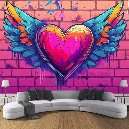 JSCWDET Graffiti Style 3D Wallpaper Roll Mural Brick Wall Love Heart Wallcoverings for Bedroom Living Room Tv Backdrop 400 × 280 Cm,Pink