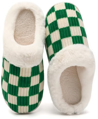 Waysoland Slippers Women Men,Fuzzy Ladies Memory Foam Checkered Slip on Anti-Skid Sole Bedroom Cloud Slippers Indoor Outdoor(fluffy Green,4.5/5.5 UK)