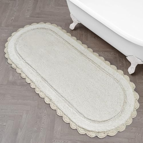 Laura Ashley Eloise Badteppich aus 100% Baumwolle, oval, mit Häkelbordüre, weich und saugfähig, Sandschalenbeige, 61 x 152,4 cm