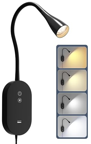 TOPMB Leselampe Bett, CRI95+ LED Wandlampe,USB 2A,4 Farbmodi Memory Schwarz | Komfortables Leselicht mit natürlicher Farbwiedergabe, USB-Laden und Speicherfunktion für Schlafzimmer und Bett