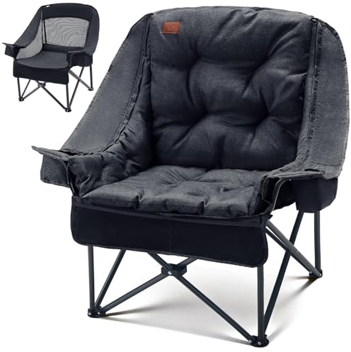 EVER ADVANCED 2-in-1 Oversized Camping Chair, Heavy Duty Folding Chair with 6cm Removable Padded Cushion, 180kg Capacity, Cup Holder & Side Pocket for Fishing, Garden, Black