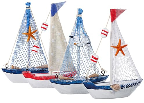 WRITWAA 4pcs Wooden Sailboat Model Set Beige Canvas and Pinewood, Nautical Boat Ornaments for Mediterranean Home Decor, Tabletop Sail Boat Miniatures for Ocean-themed Bedroom and Living Room Display