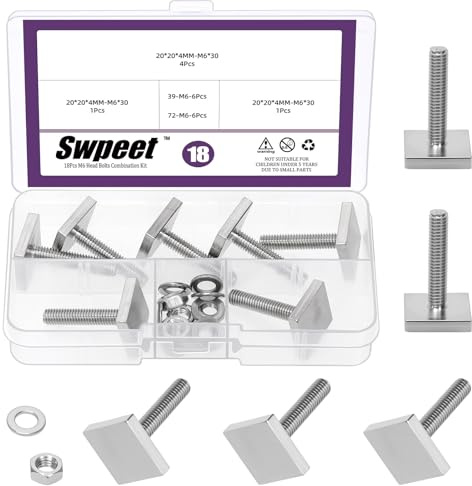 Swpeet 6 conjuntos 304 acero inoxidable M6 × 30mm T ranura pernos techo rack T-tuerca kit, 4 mm grueso cuadrado T pista perno adaptador tuercas ranura, seguro techo rack barra cruzada
