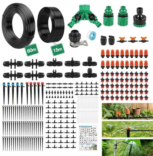 Kit Irrigazione a Goccia 315 PCS Impianto Irrigazione Giardino, 60 m+15 m Tubo di Irrigazione, Irrigazione Spruzzatura Raffreddamento a Goccia kit Irrigazione per Prato, Giardino, Orto