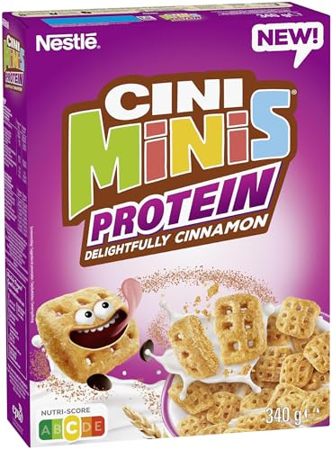 Nestlé CINI MINIS Protein, Zimt Cerealien, 45% vitales Vollkorn, mit Vitaminen, Calcium und Eisen, Crunchy Flakes, 1er Pack (1 x 340g)