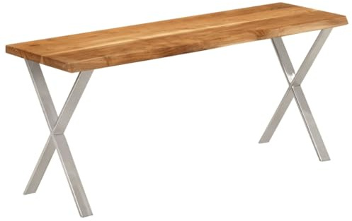 KMTNERVG Bank Baumkante 105 cm Massivholz Akazie | X-Gestell, Pulverbeschichteter Stahl, 110 kg Belastbar, Esszimmer, Wohnzimmer, Flur