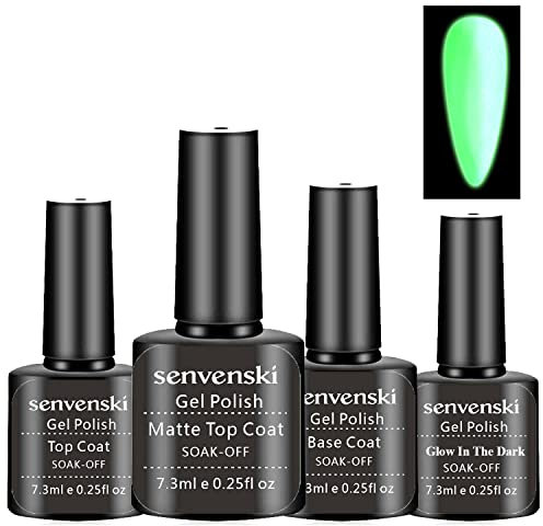 Senvenski Matte Gel Top Coat, Glänzend Base und Top Coat, Glow in the dark Gel Top Coat, Gel Nagellack Shellac UV LED Gift Set Kit (TB006)