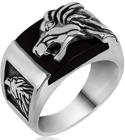 mysilverworld Herren-Ring aus massivem 925er-Sterlingsilber, handgefertigt, schwarzer Onyx-Stein, Löwe, NA, Onyx