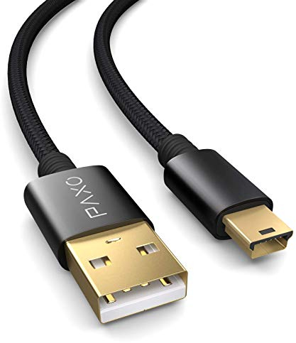 PAXO Cable mini USB de nylon negro de 0,5 m, cable de carga de USB a mini USB, enchufe dorado, cable trenzado (trenzado)