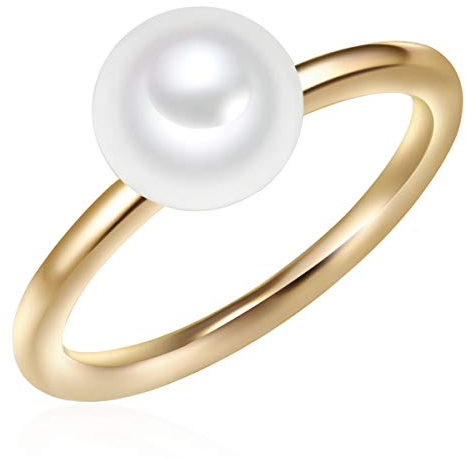 Valero Pearls Damen-Ring 925 Sterling Silber gelbvergoldet Süßwasser-Zuchtperle Button 8 mm weiß - Modern-Ring für Frauen Perlenring Gelbgold-Farben