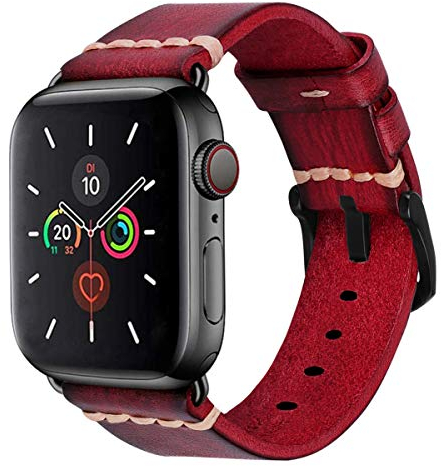 MroTech Correa Compatible con Apple Watch 42mm 44mm 45mm 46mm 49mm Pulsera Piel Genuino Band Repuesto para iWatch Serie Ultra 10 9 8 7 6 SE 5 4 3 2 1 Replacement Banda Reloj Hebilla Negra,Retro Rojo