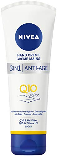 NIVEA 3in1 Anti-Age Q10 Hand Creme Vorteilsgröße, Anti-Falten Handpflege mit Q10 und UV-Filter, pflegende Hautcreme für normale bis trockene Hände (100 ml)