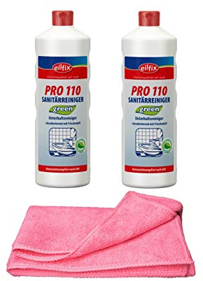 Sanitärreiniger - Kalklöser - WC Entkalker - Urinsteinlöser | mit Profi Microfasertuch rot (2 Flaschen = 2 Liter GREEN Sanitärreiniger)