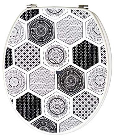 BM 4110 Copriwater Sedile Tavoletta WC Universale Coperchio Toilet Seat Bagno in Legno MDF Nero Decorato Motivo Geometrico Sfondo Bianco, Misura Standard Fissaggio dal Basso Cerniere in Acciaio