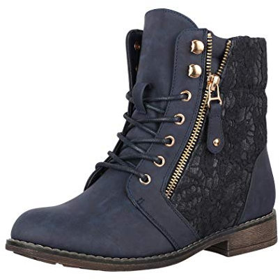 Elara Damen Stiefeletten Worker Boots Spitze Chunkyrayan B9812-KB Dunkelblau-39