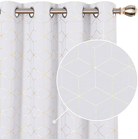 Deconovo Room Darkening Curtains 63 Inch Drop, Gold Diamond Printed Thermal Insulated Super Soft Eyelet White Curtains for Bedroom, 52 x 63 Inch(Width x Length), Silver Grey, One Pair