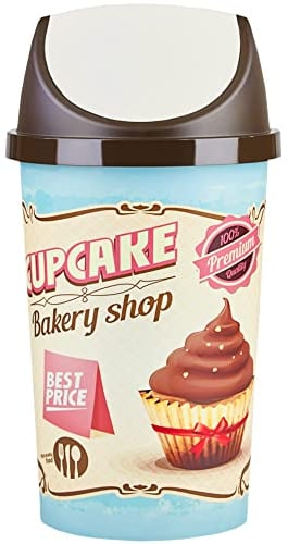 KetoPlastics Retro Kitchen Swing Bin - Unique Cupcake Design, Round 45 Litre Vintage Style Shabby Chic Bakery Tilt Top for Kitchen Rubbish Waste - Ideal for Home or Shop