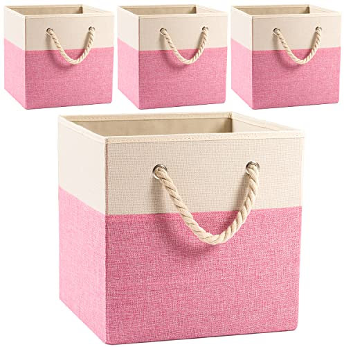 Prandom Grands bacs de rangement cubiques pliables 28x28x28 cm[4-paquet] Paniers en tissu et en lin,tiroir avec poignées en coton Organisateur d'étagères pour placard à jouets Chambre à coucher Rose