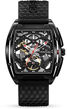 CIGA Design Automatik Uhr Herren - Z Serie DLC Armbanduhr Tonneau Mechanische Skelettuhr Edelstahl Saphirglas mit Leder- und Silikonarmband