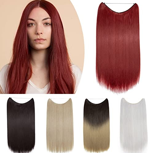 SEGO 50cm Secret Hair Extensions 1 Tresse Haarverlängerung Haare Haarteil Synthetik mit Unsichtbarer Draht invisible glatt 20-90g Dunkelrot
