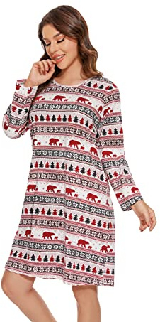 BERDITH Nighties for Women Christmas Ladies Long Sleeve Nightdress Plus Size Night Shirt Cotton Blend Nightwear Maternity Sleep & Lounge 10/12