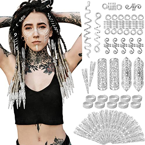 HIFOT 56 Stück Haar Dreadlock Schmuck Haarspiralen Clips, Haar Geflecht Ringe Silber, Haarringe für Zöpfe Metall, Dreadlocks Perlen Haarschmuck Damen Männer, Haarperlen für Zöpfe Braid Clips