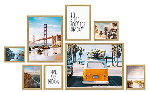 PHOTOLINI goldene Bilderrahmen Set verschiedene Größen, 8 Bilderrahmen Holz MDF gold, Bilder Rahmen mit Acrylglas, Bilderrahmenset zum Aufhängen, Fotorahmen Set mit Zubehör für Fotos & Poster