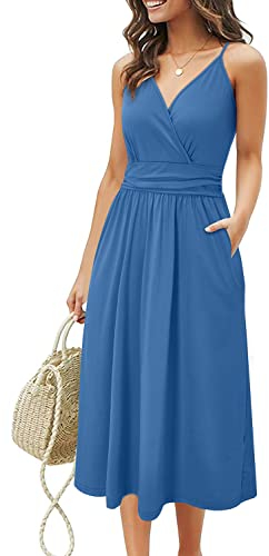 OUGES Sommerkleid Damen Knielang Kleider Sommer Spaghettiträger V-Ausschnitt Kleid mit Taschen(Grau Blau,M)