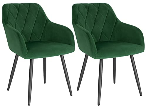 WOLTU 2er Set Esszimmerstühle mit Armlehne Rückenlehne, für Esszimmer Wohnzimmer Küche, Bequeme Küchenstühle gepolstert mit Samtbezug, Metallbeinen, Dunkelgrün