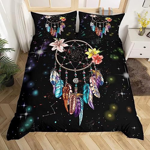 Wajade Housse de Couette dreamcatch 135x200cm, Noir Tie Dye literie Set avec 1 taie d'oreiller 65x65cm, Filles Adultes Housse de Couette Set