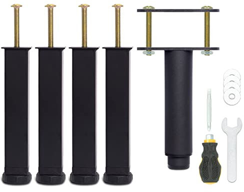Pied de Lit 18 cm à Visser, Pied Sommier à Lattes Universel, Reglable en Hauteur, Metal, Carré + Rond, Boulons M8, pour le Cadre Métallique d’un Sommier Adulte, Noir, Lot de 5 (4 Latéraux + 1 Central)