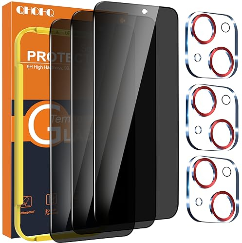QHOHQ 3 Stück Sichtschutz für iPhone 15 6,1 Zoll mit 3 Stück Kameraschutz, Anti-Spähen Panzer Schutz Glas, HD Blickschutzfolie, 9H Härte, Anti-Kratzer, Bläschenfrei-Burgunderrot