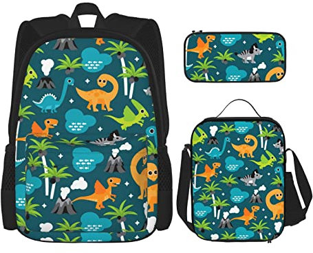FJAUOQ 3-teiliges lustiges Hunde-Rucksack-Set mit Lunch-Tasche, Federmäppchen, lustiger Tier-Rucksack, Nahtlose Palme Dinosaurier Tier, One size