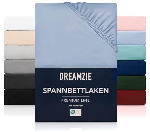 Dreamzie Spannbetttlaken 160x200 cm - Hoher Steg bis 33 cm - 100% Mikrofaser - Blau - Schadstoffgeprüft (Oeko TEX), Bettlaken mit Gummizug