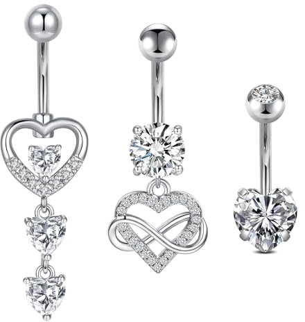 Briana Williams 3 Pièces de Barre de Nombril Anneaux de Ventre en Acier inoxydable chirurgical 14G 10mm Coeur avec Cristal Bijoux de Piercing
