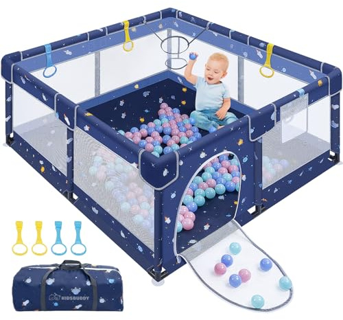 LARS360 Baby Laufstall Laufgitter 130cm Baby Bettgitter Rausfallschutz Bett mit 50 Bälle, 4 Griffe, Aufbewahrungstasche, Korbnetz (Blau mit Cartoon)