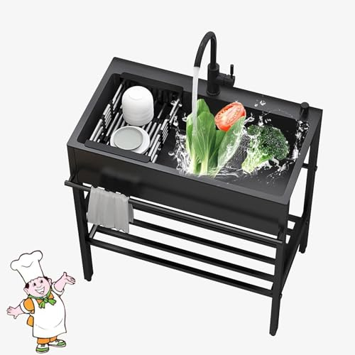 Evier Cuisine INOX De Noir, Évier Autoportant Cuve Simple avec Robinet Et Support, Lavabo De Jardin Extérieur avec Egouttoir, Evier Buanderie, pour Restaurant, Garage, Jardin, Installation Facile (Si