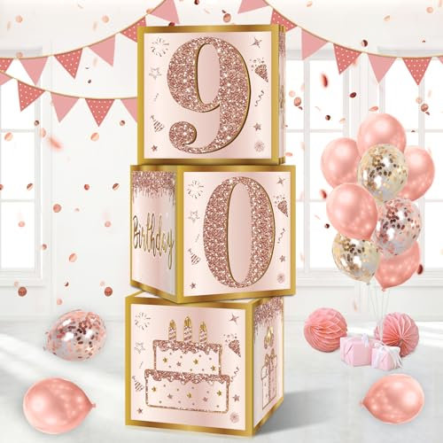 Guiruiy 3Pcs 90th Birthday Decorations Boxes for Women, Pink Rose Gold 90th Birthday Balloons Boxes Party Supplies, Pink Ninety Year Old Birthday Theme Cardboard Box Decor