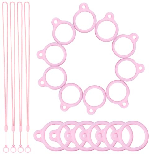 GORGECRAFT 36Pcs Anti-Lost Necklace Lanyard Set Including 32Pcs Pink Silicone Rubber Rings 4Pcs Rubber Lanyard String Pendant Holder for Pens Key-Ring Office Sport Silicone Band Mini 13mm
