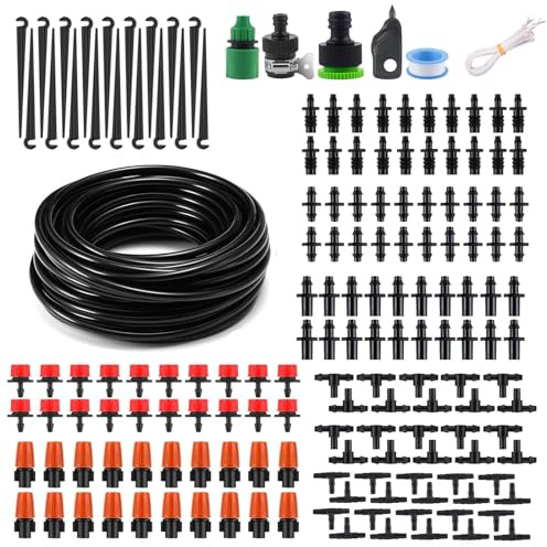 Moocci 50FT Drip Irrigation Kit - Garden Watering System with 1/4 Drip Irrigation Tubing - Adjustable Irrigation Sprinkler Equipment for Outdoor Plants, Garden, Greenhouse, Flower Bed, Lawn