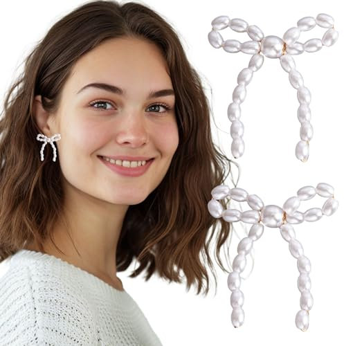 Schleifen Perlen Ohrringe für Damen Frauen Bow Ribbon Ohrstecker Elegante Perlen Tropfen Ohrringe, Imitation Perlen Schleife Knoten Ohrringe für Mädchen